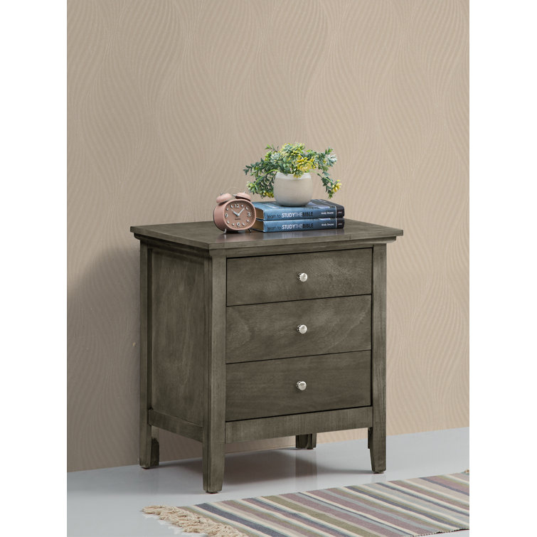 Gray Solid Wood 3-Drawer Nightstand with Metal Handles
