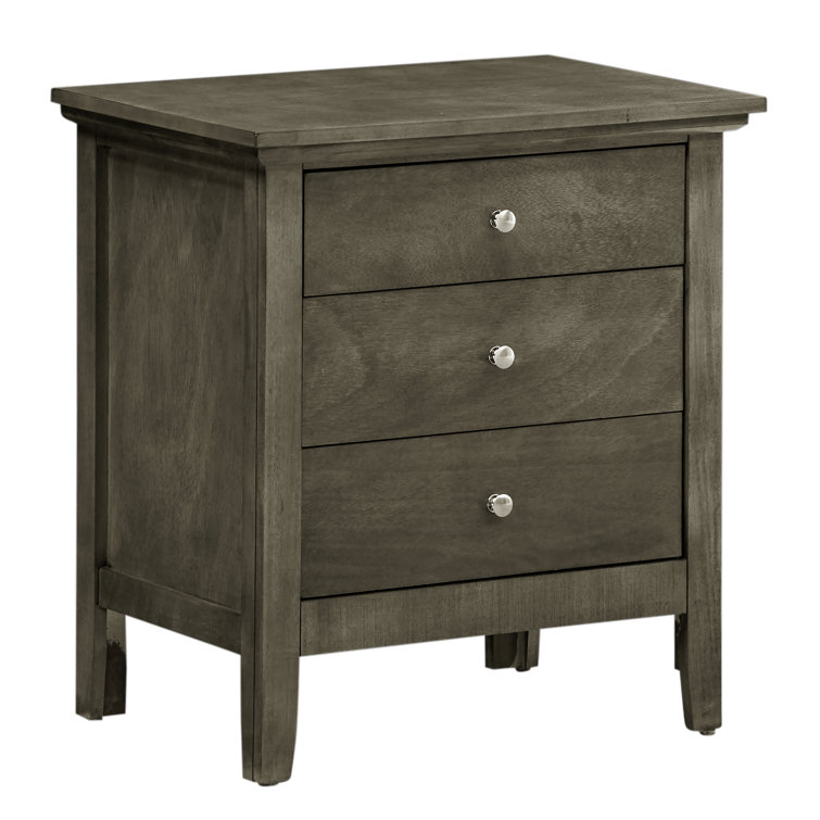 Gray Solid Wood 3-Drawer Nightstand with Metal Handles