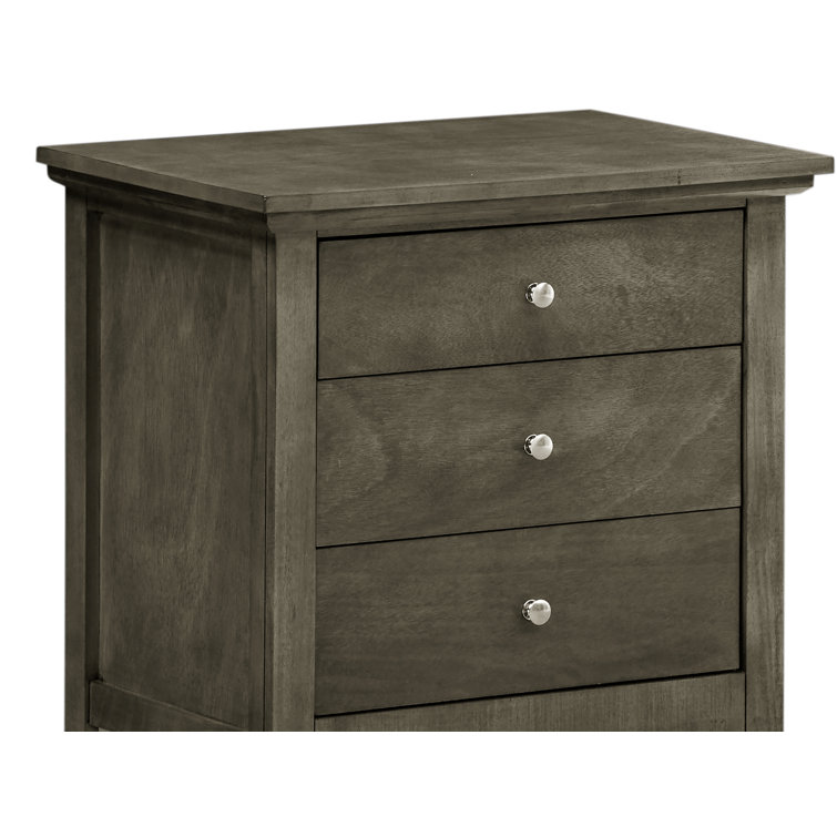 Gray Solid Wood 3-Drawer Nightstand with Metal Handles