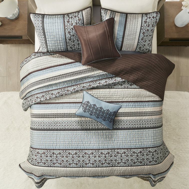 Blue and Brown Reversible Cotton Jacquard Quilt Set, Full