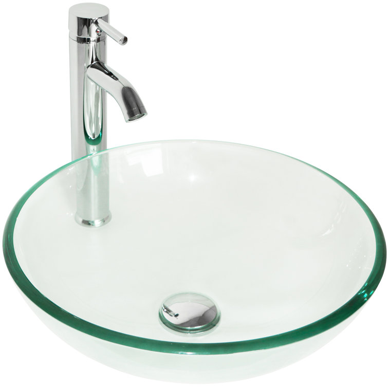 Clear Tempered Glass Round Vessel Sink with Chrome Faucet
