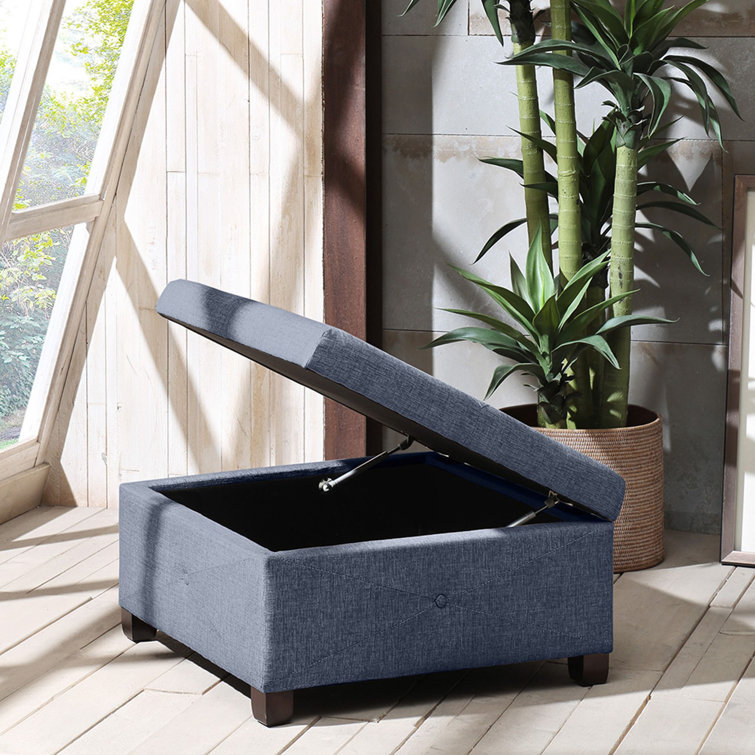 Blue Button Tufted Square Storage Ottoman with Dark Wood Legs
