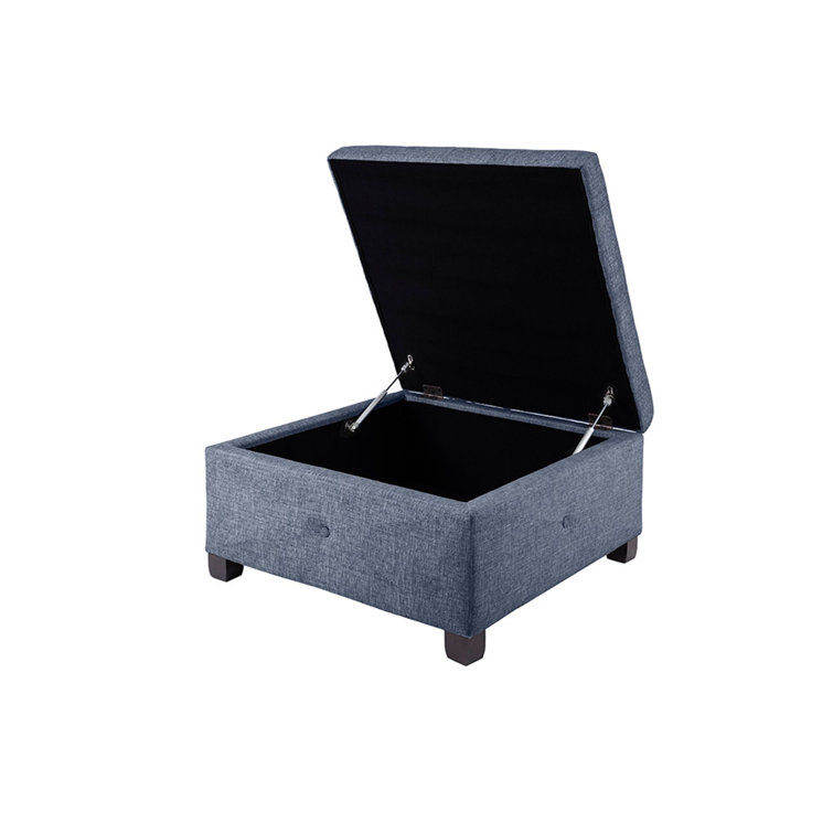 Blue Button Tufted Square Storage Ottoman with Dark Wood Legs