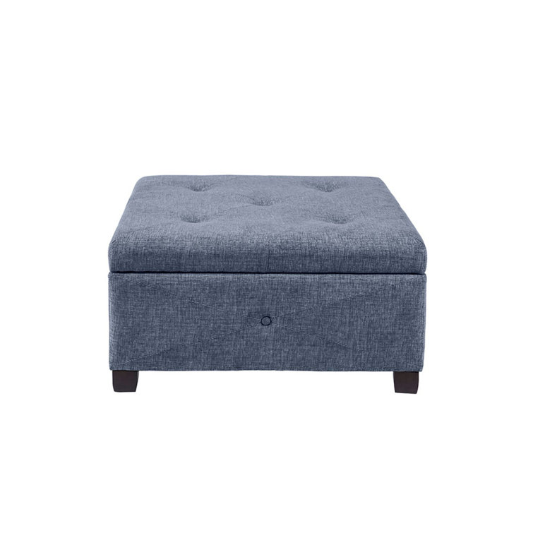 Blue Button Tufted Square Storage Ottoman with Dark Wood Legs