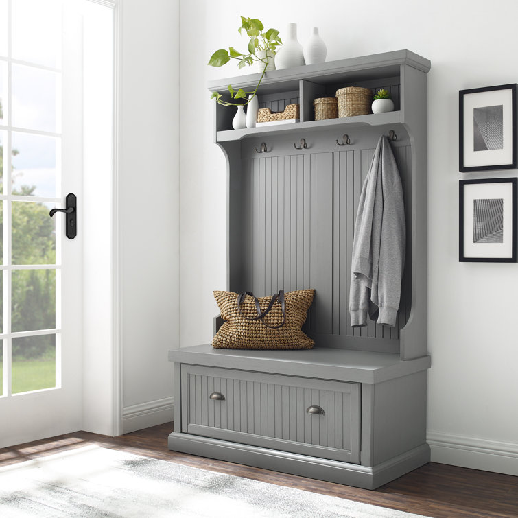 Distressed Gray Coastal Hall Tree with Storage and Hooks