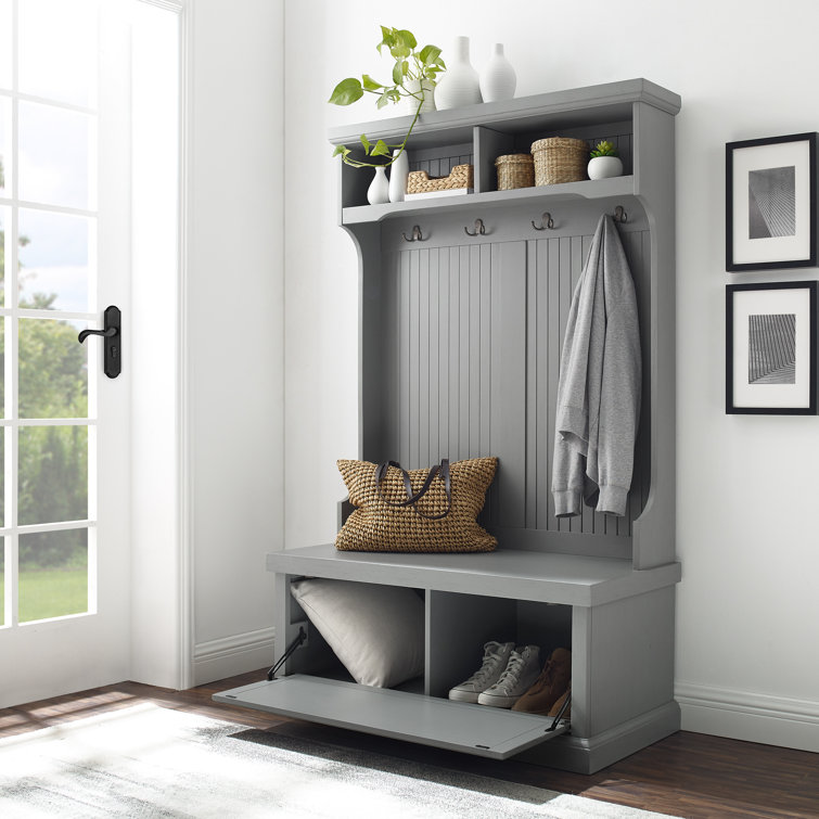 Distressed Gray Coastal Hall Tree with Storage and Hooks
