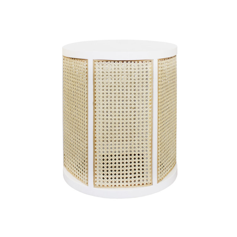 Freya Round Beige and White Wood End Table with Storage