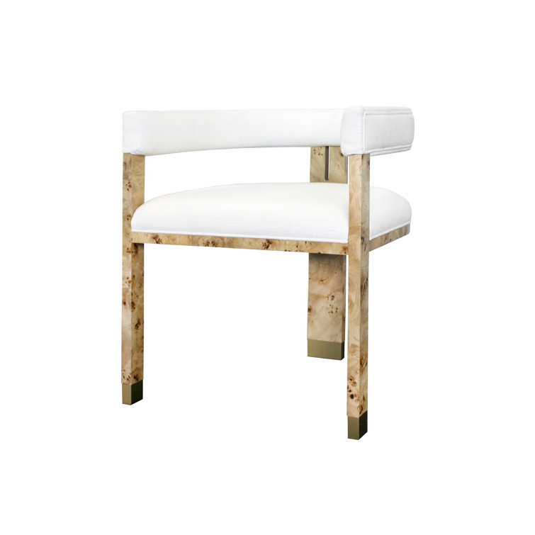White Linen Upholstered Armchair with Burl Wood Frame