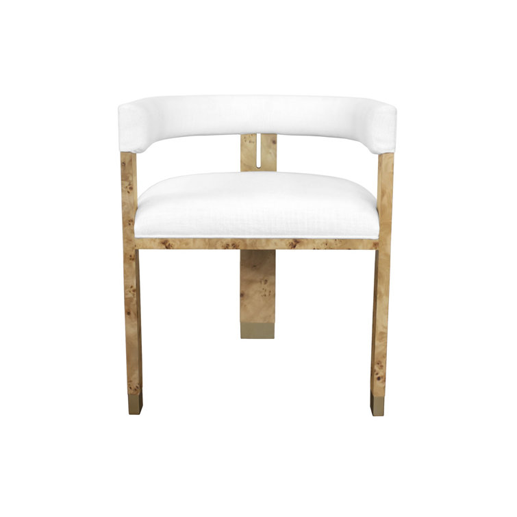 White Linen Upholstered Armchair with Burl Wood Frame