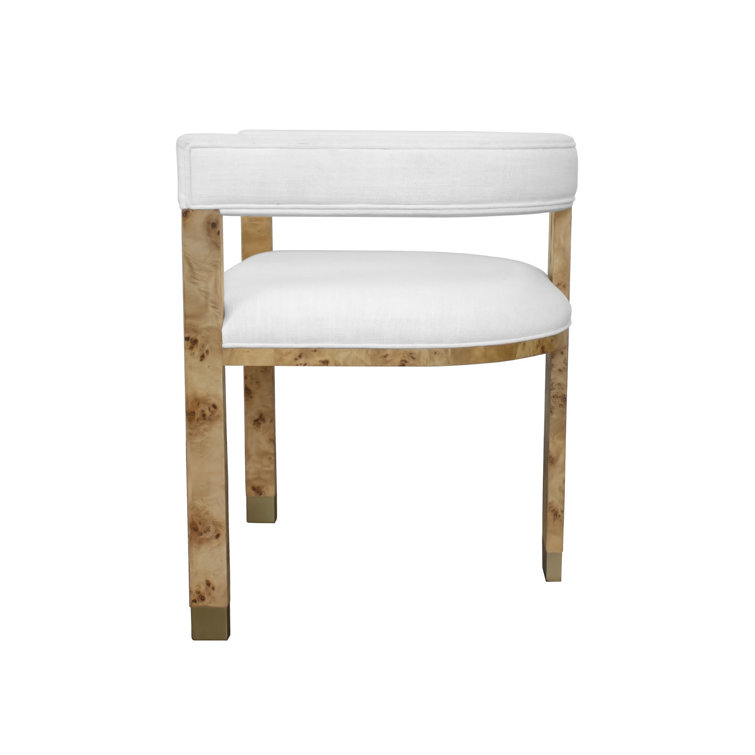 White Linen Upholstered Armchair with Burl Wood Frame