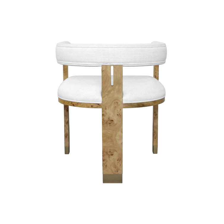 White Linen Upholstered Armchair with Burl Wood Frame
