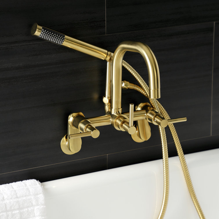 Brushed Brass Wall Mount Clawfoot Tub Faucet with Handheld Shower