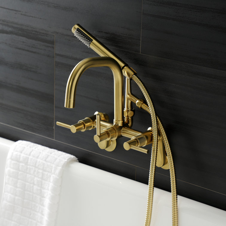 Brushed Brass Wall Mount Clawfoot Tub Faucet with Handheld Shower