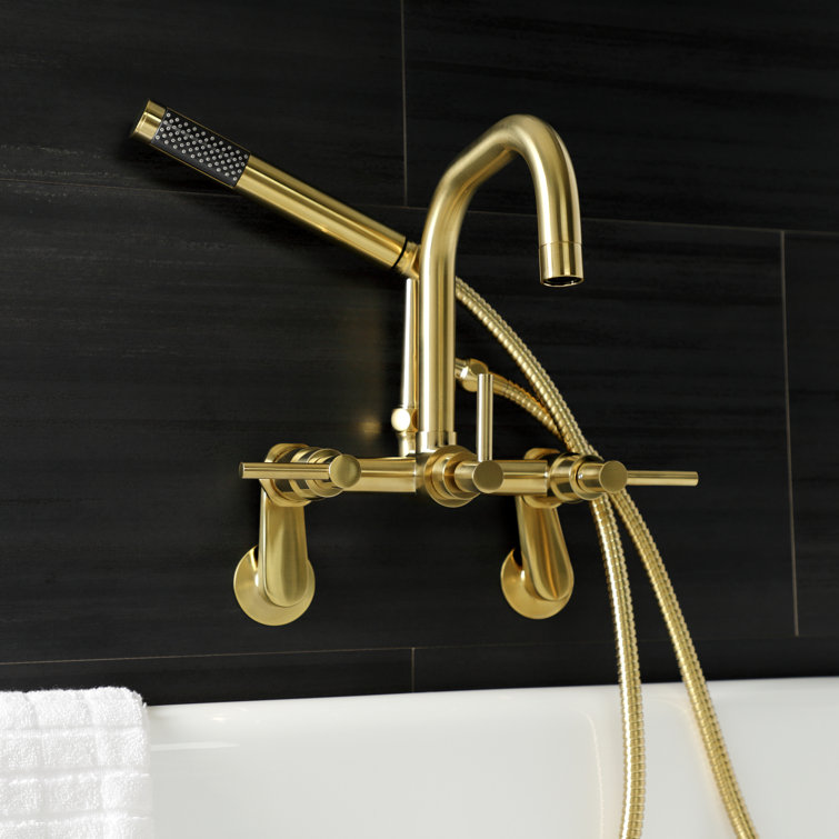 Brushed Brass Wall Mount Clawfoot Tub Faucet with Handheld Shower