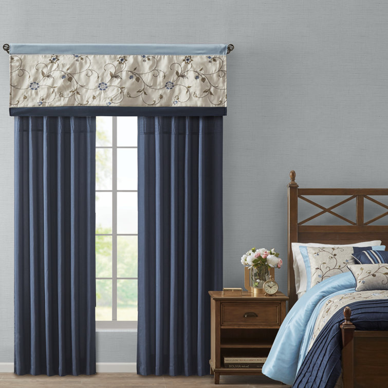 Navy Embroidered Light Filtering Pleated Curtain Panel