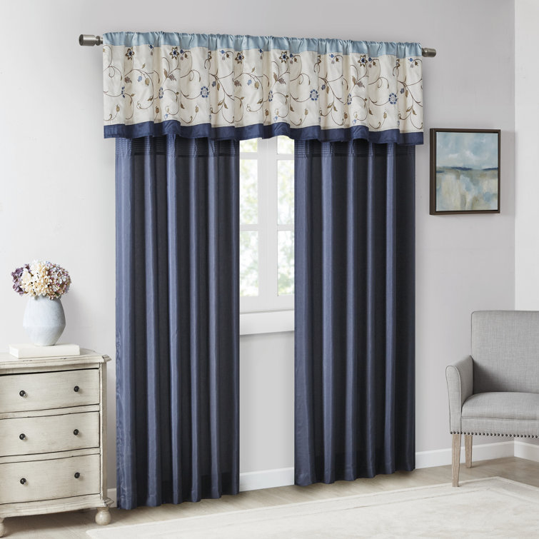 Navy Embroidered Light Filtering Pleated Curtain Panel