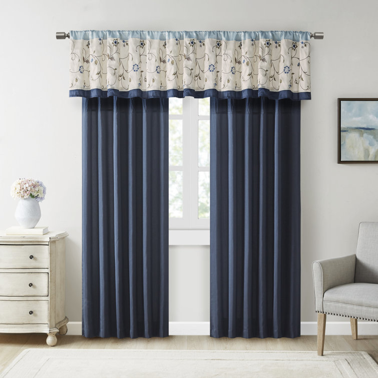 Navy Embroidered Light Filtering Pleated Curtain Panel