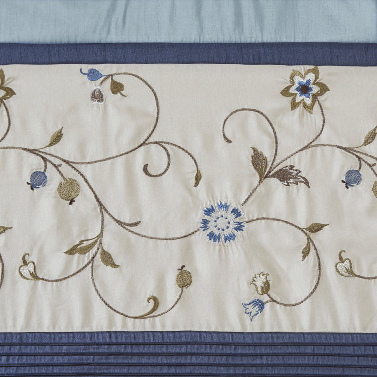 Navy Embroidered Light Filtering Pleated Curtain Panel