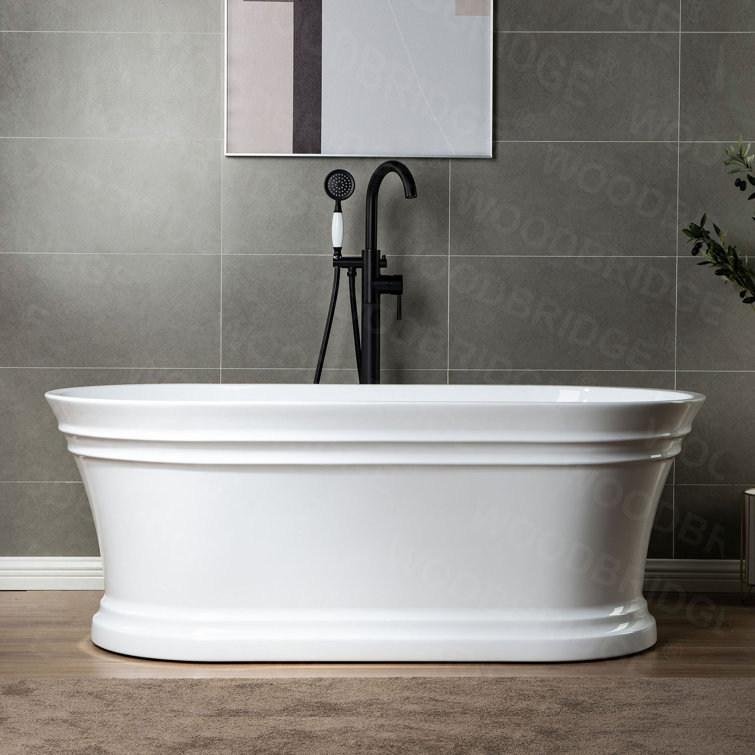 67" White Acrylic Freestanding Soaking Bathtub with Matte Black Trim