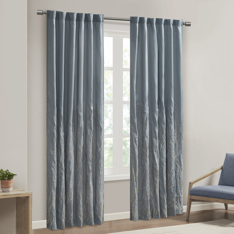 Blue Faux Silk Embroidered Puddle Length Curtain Panel