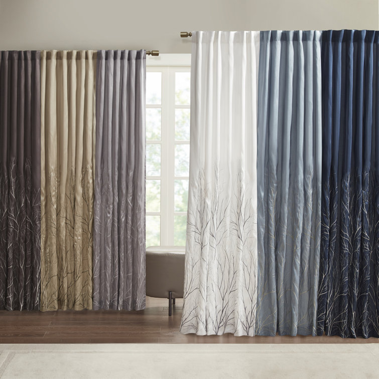 White Faux Silk Embroidered Branch Puddle Length Curtain Panel