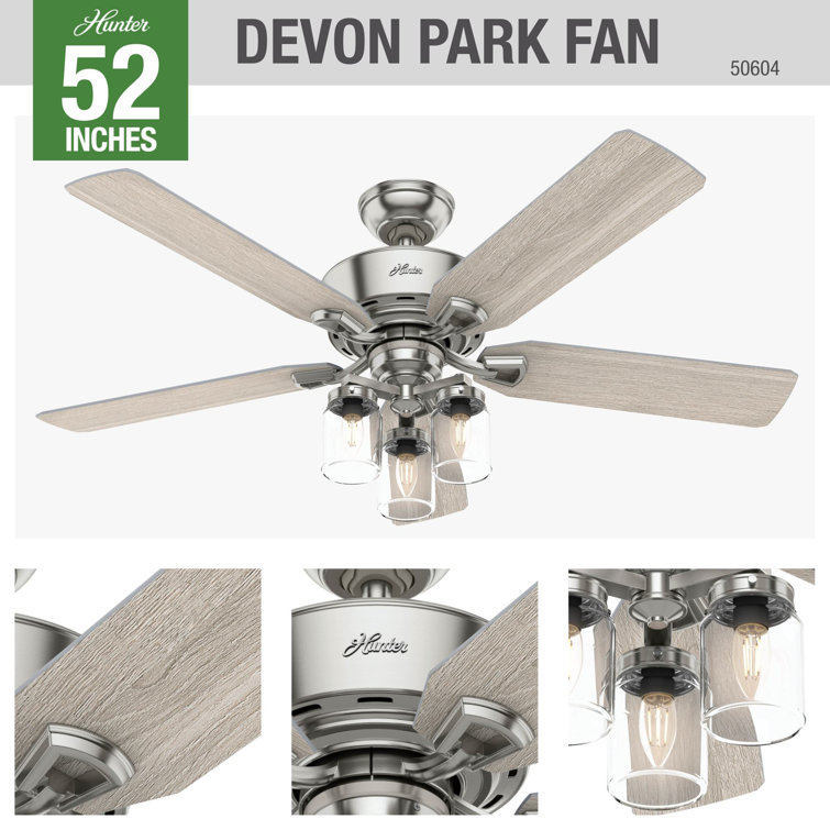 52" Devon Park Brushed Nickel Ceiling Fan with Rustic Wood Blades and LED Light