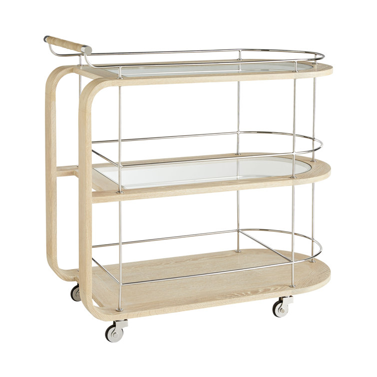 Bleached Wood Oval Bar Cart with Storage and Leather Handle