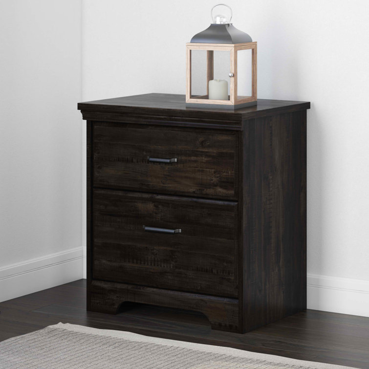 Rustic Rubbed Black 2-Drawer Nightstand with Elegant Metal Handles