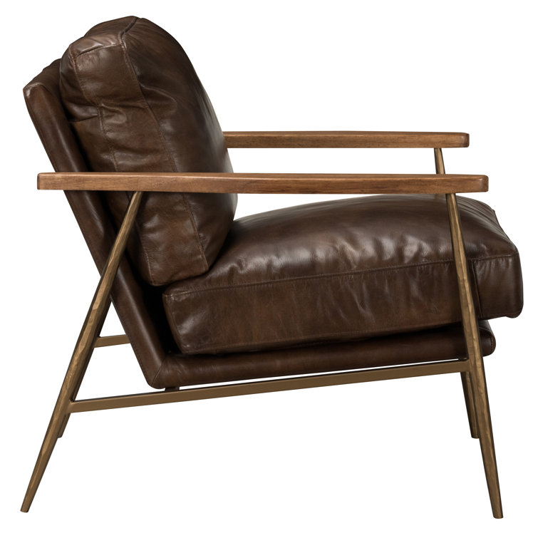 Transitional Handcrafted Antique Brown Leather Accent Chair