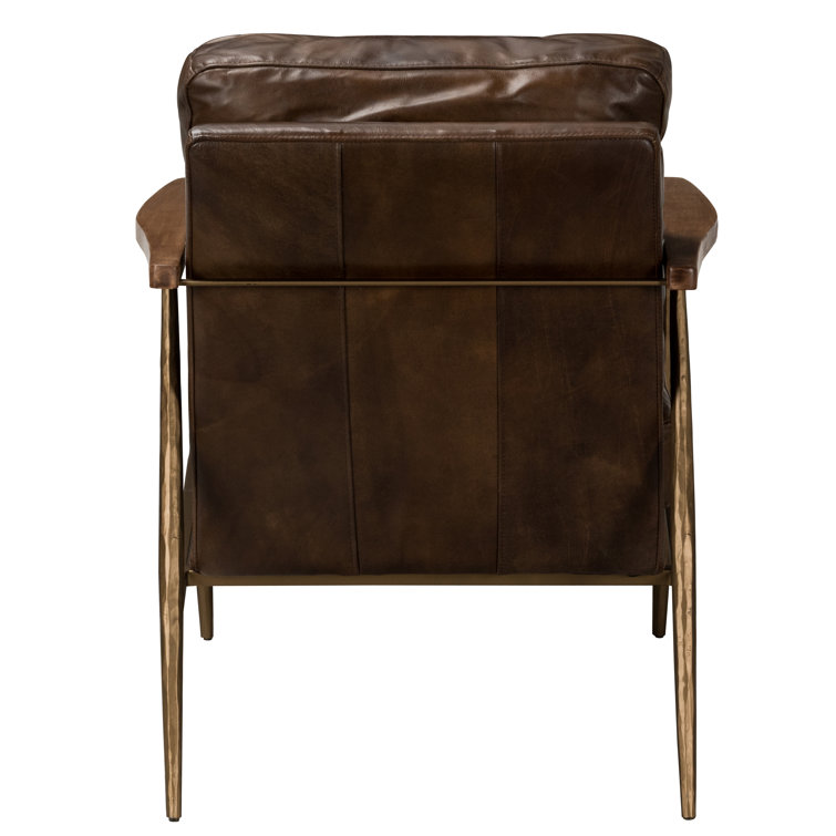 Transitional Handcrafted Antique Brown Leather Accent Chair