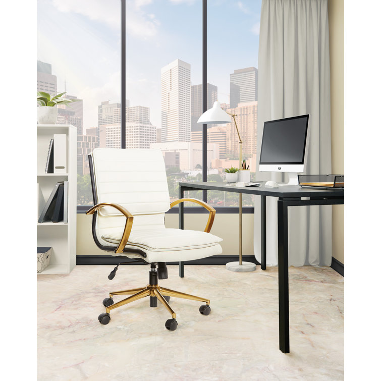 Cream Faux Leather Swivel Office Chair with Gold Accents