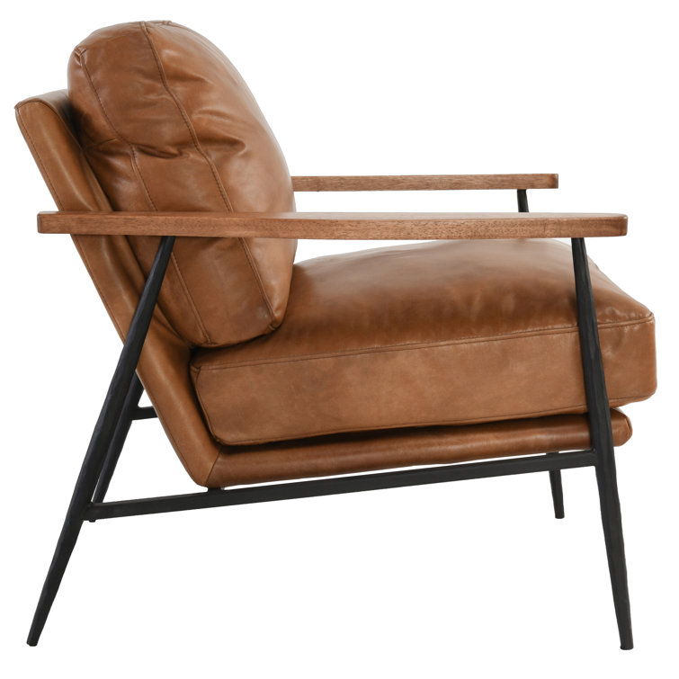 Transitional Handcrafted Tan Leather Accent Chair with Metal Legs