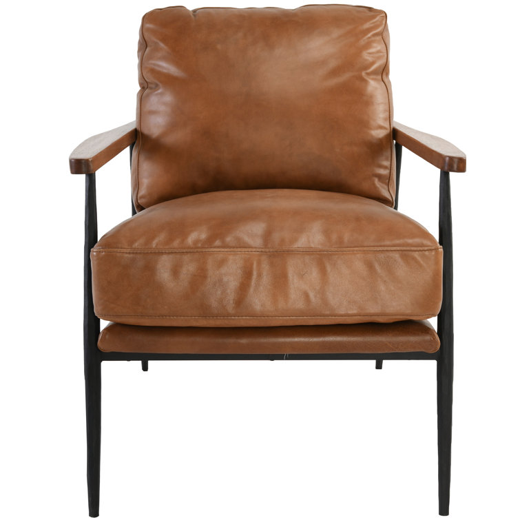 Transitional Handcrafted Tan Leather Accent Chair with Metal Legs