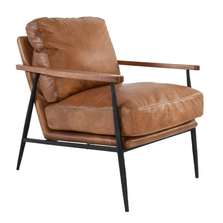 Transitional Handcrafted Tan Leather Accent Chair with Metal Legs