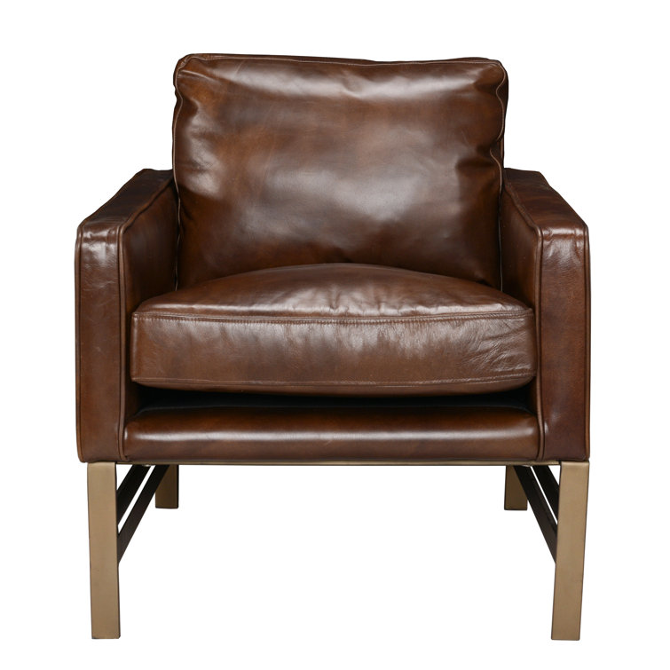 Transitional Handcrafted Leather Accent Chair with Brass Frame