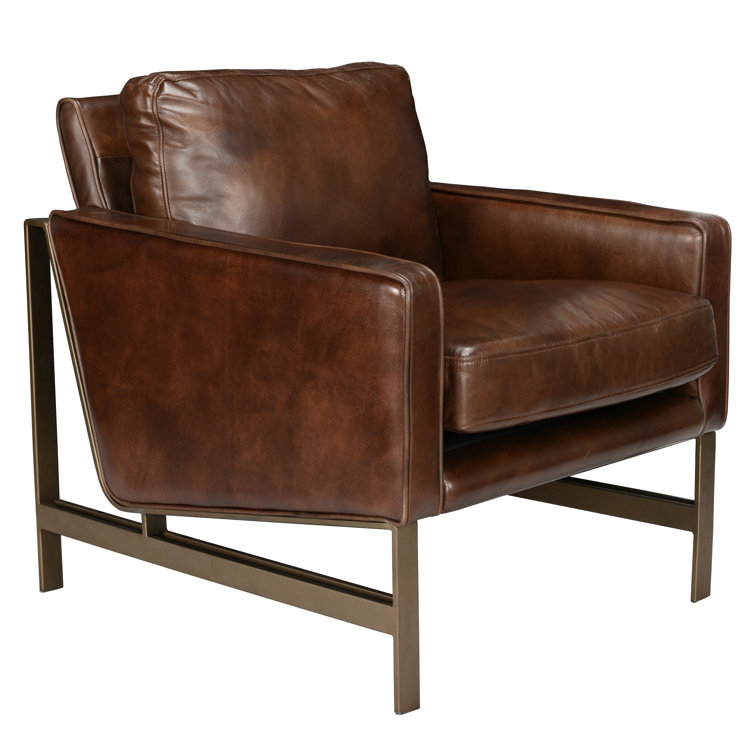 Transitional Handcrafted Leather Accent Chair with Brass Frame