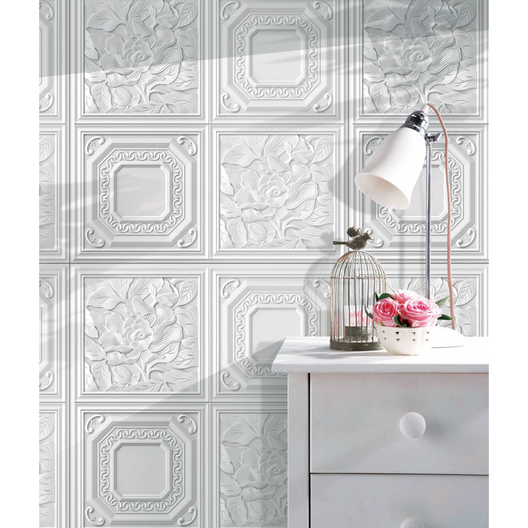 Off-White 28" x 28" Embossed Flower Peel and Stick Wall Panels