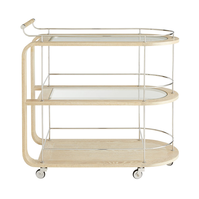 Bleached Wood Oval Bar Cart with Storage and Leather Handle