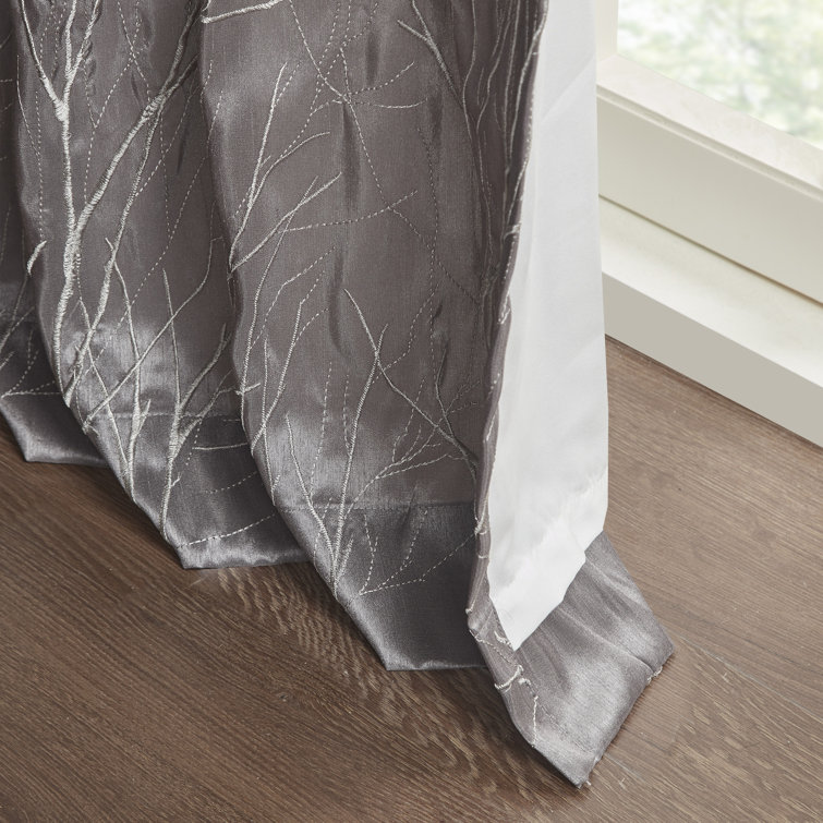Gray Faux Silk Embroidered Puddle Length Curtain Panel