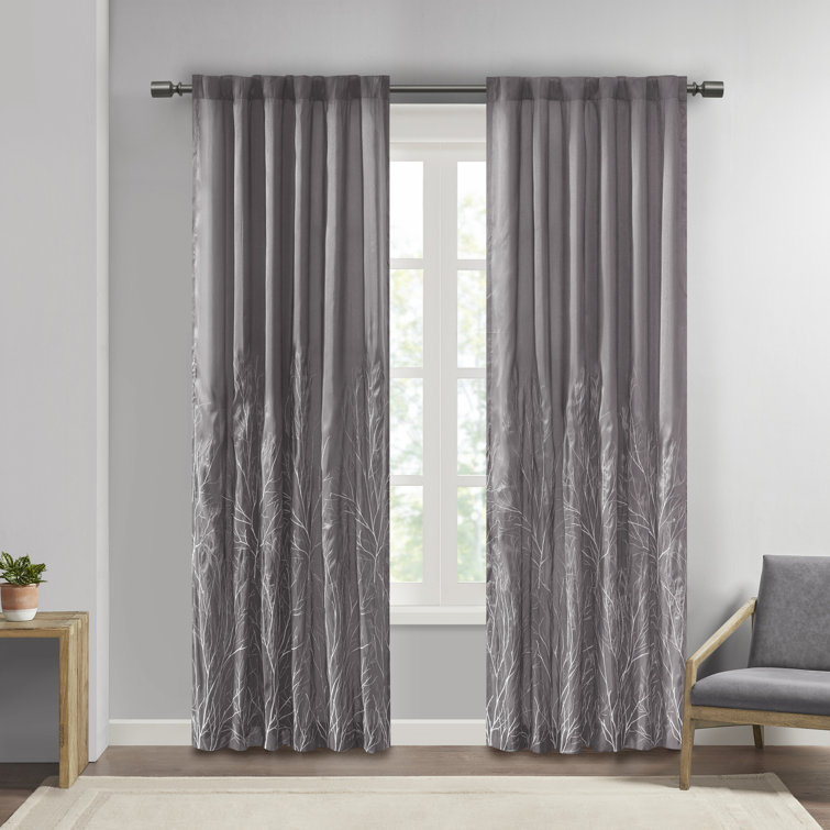 Gray Faux Silk Embroidered Puddle Length Curtain Panel