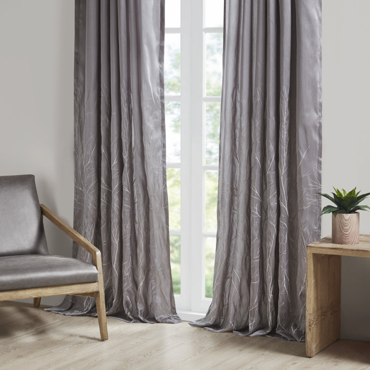 Gray Faux Silk Embroidered Puddle Length Curtain Panel