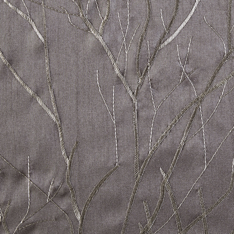 Gray Faux Silk Embroidered Puddle Length Curtain Panel