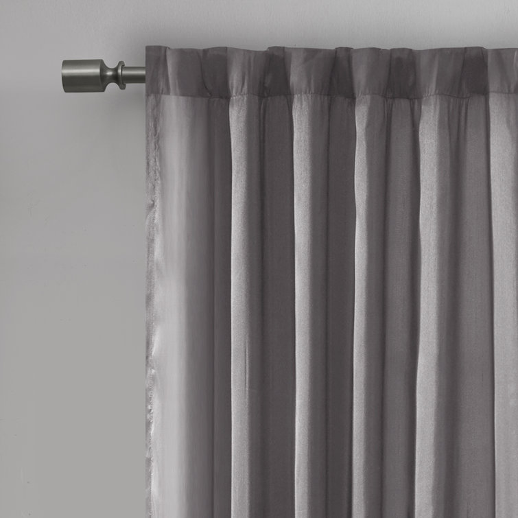 Gray Faux Silk Embroidered Puddle Length Curtain Panel