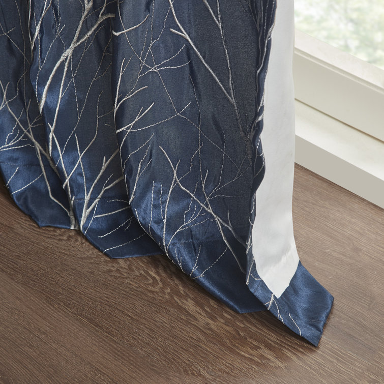 Navy Faux Silk Embroidered Branch Puddle Length Curtain Panel