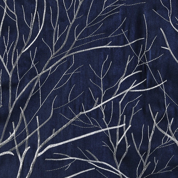 Navy Faux Silk Embroidered Branch Puddle Length Curtain Panel