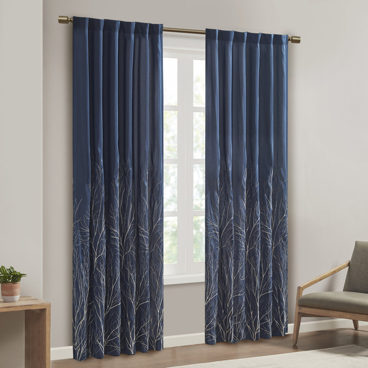 Navy Faux Silk Embroidered Branch Puddle Length Curtain Panel