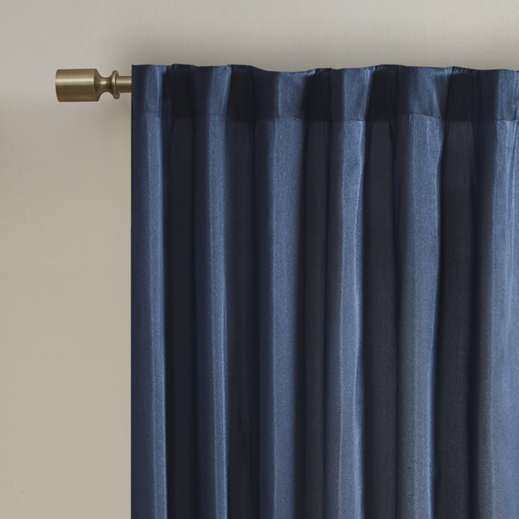 Navy Faux Silk Embroidered Branch Puddle Length Curtain Panel
