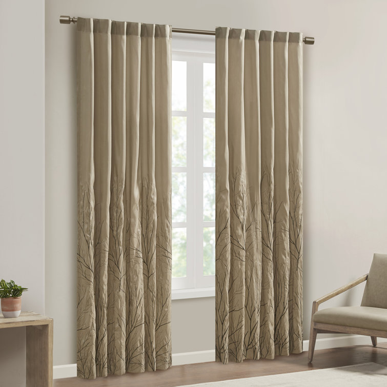 White Faux Silk Embroidered Branch Puddle Length Curtain Panel