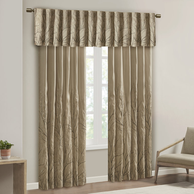 White Faux Silk Embroidered Branch Puddle Length Curtain Panel
