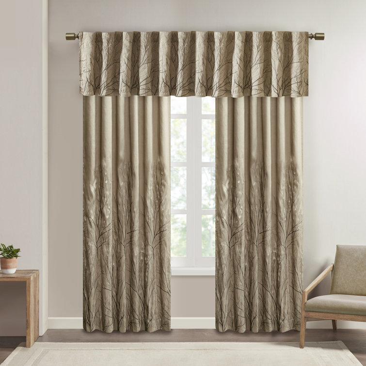 White Faux Silk Embroidered Branch Puddle Length Curtain Panel